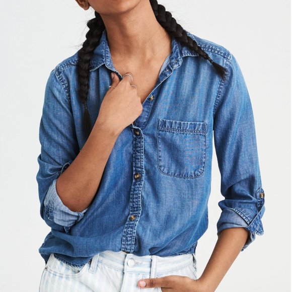 American Eagle Boyfriend Fit Denim Button Up Top - Picture 1 of 5